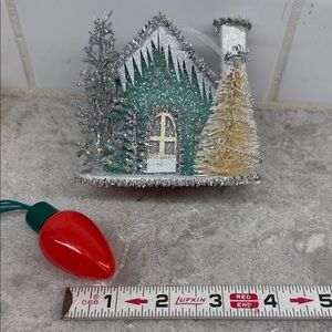 Miniature Silver and Green Holiday Glitter Putz House Ornament 3.5”x2”x3.5”